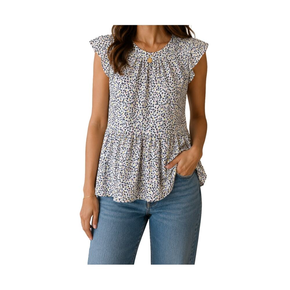 Monteau Cottage Floral Flutter Sleeve Peplum Top S Romanticcore Blouse